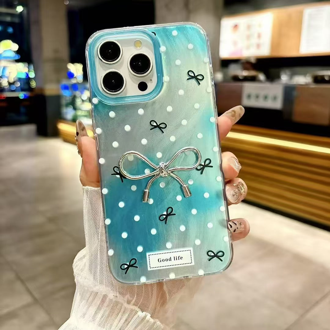 Elegant Bowknot Design Glossy Hand-Painted Style Floral Pastel Aesthetic IMD Phone Case