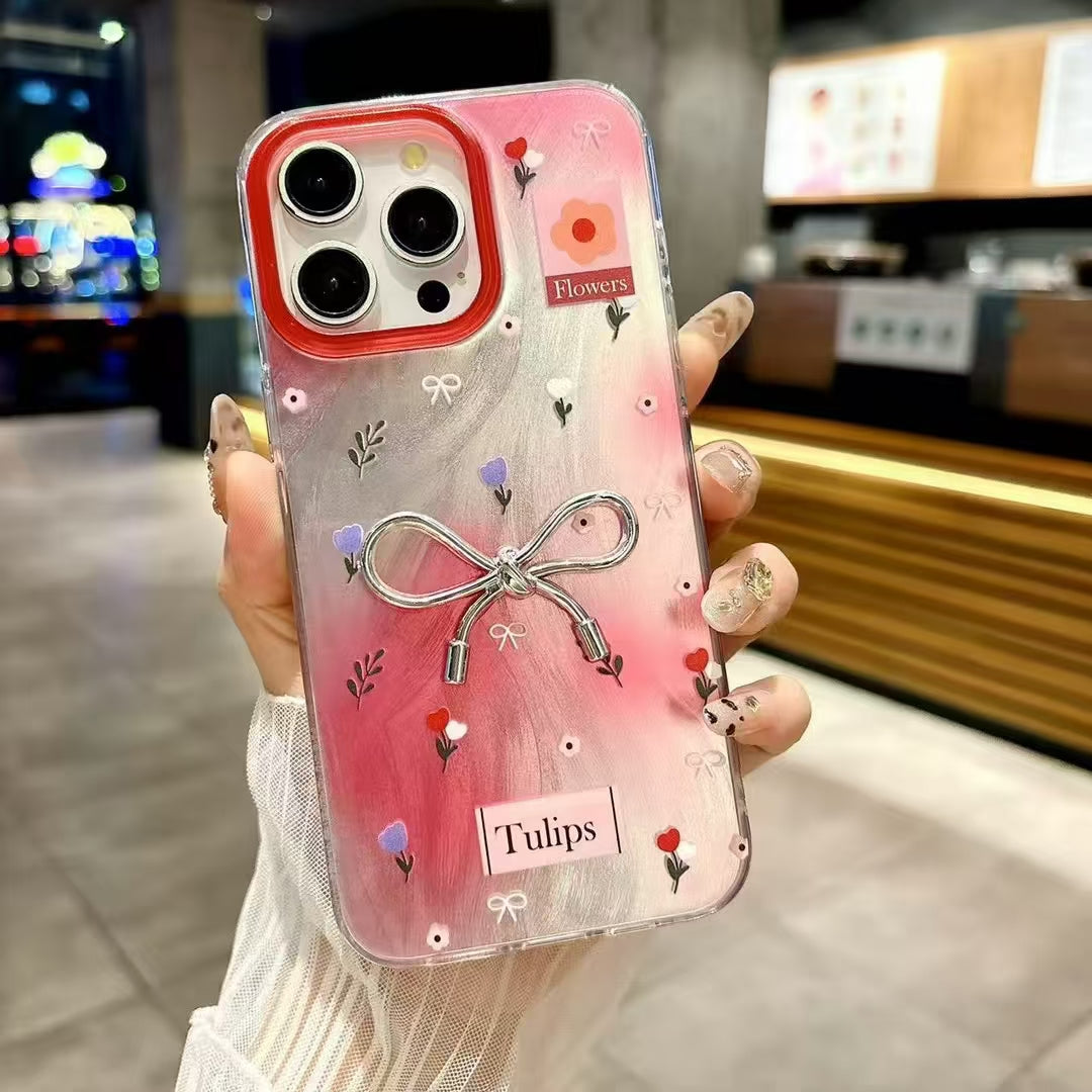 Elegant Bowknot Design Glossy Hand-Painted Style Floral Pastel Aesthetic IMD Phone Case
