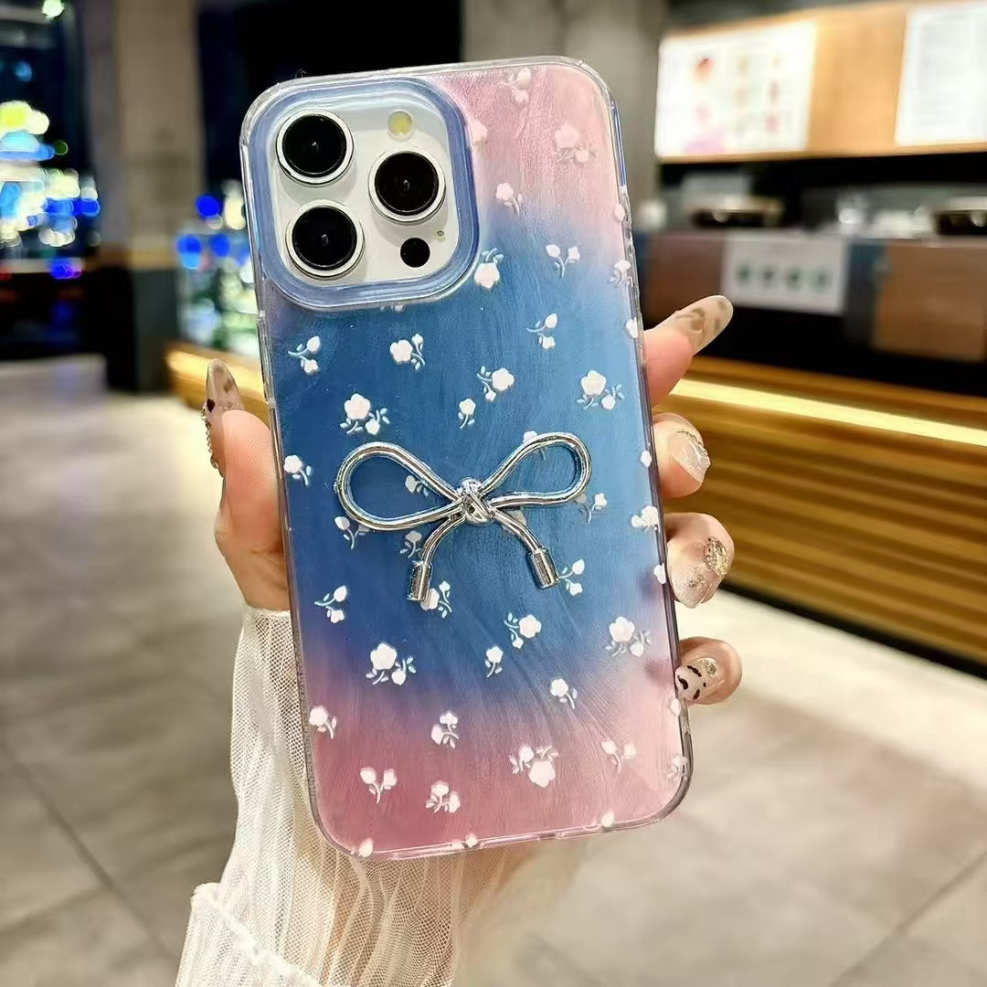 Elegant Bowknot Design Glossy Hand-Painted Style Floral Pastel Aesthetic IMD Phone Case