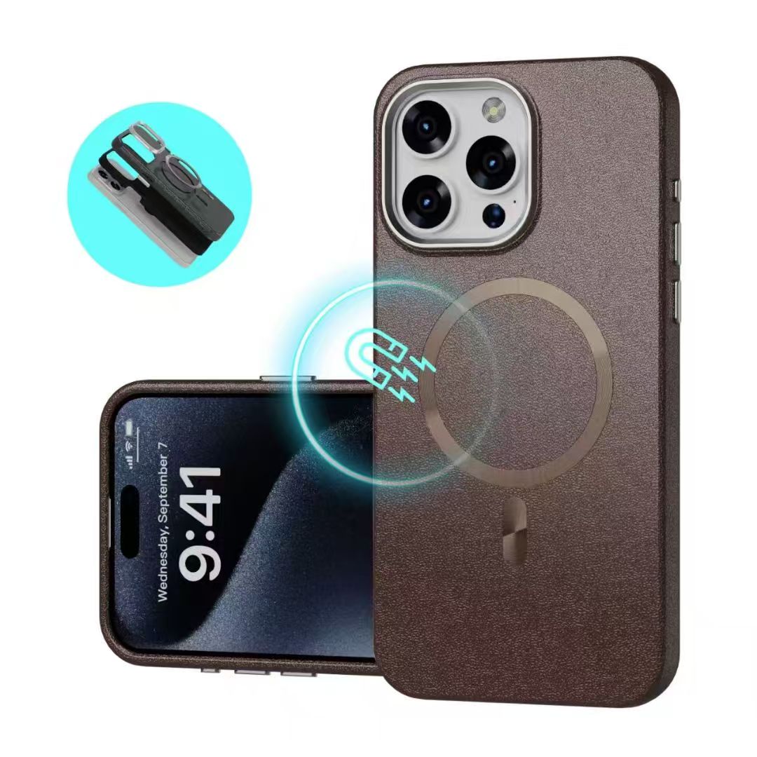 Leather Texture MagSafe Case with CD Pattern Ring Magnetic Charging Compatible Shockproof iPhone Cover