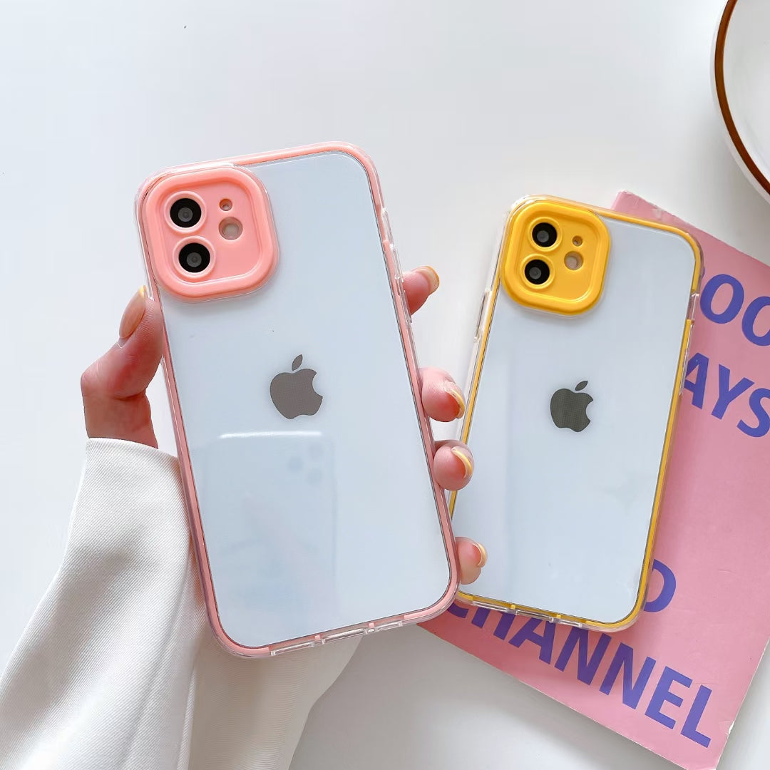Wholesale Phone Cases | Customizable | Factory Direct – 3-in-1 Acrylic Hard Back Case with Colorful TPU Bumper, Contrast Camera Frame, Shockproof Clear Cover for iPhone
