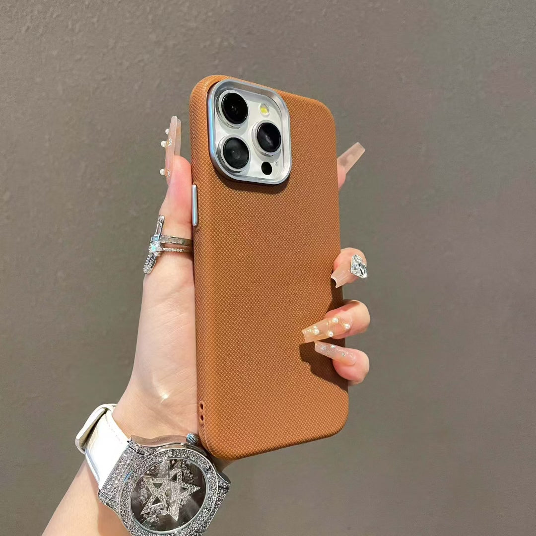 Wholesale Phone Cases Customizable Factory Direct Textured Leather Pattern Phone Case with Metal Camera Ring for iPhone Anti-Slip Shockproof Cover