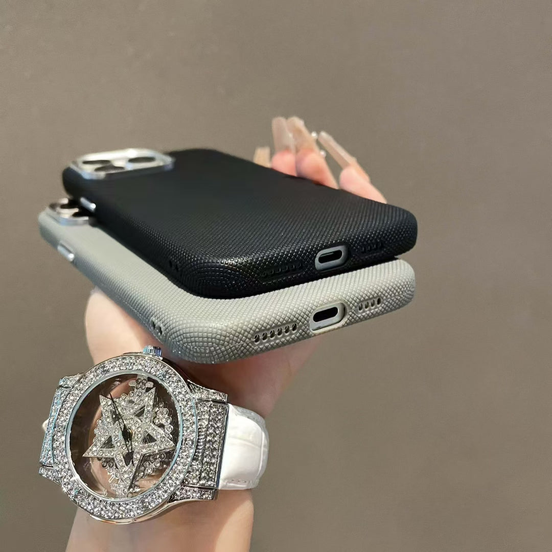 Wholesale Phone Cases Customizable Factory Direct Textured Leather Pattern Phone Case with Metal Camera Ring for iPhone Anti-Slip Shockproof Cover