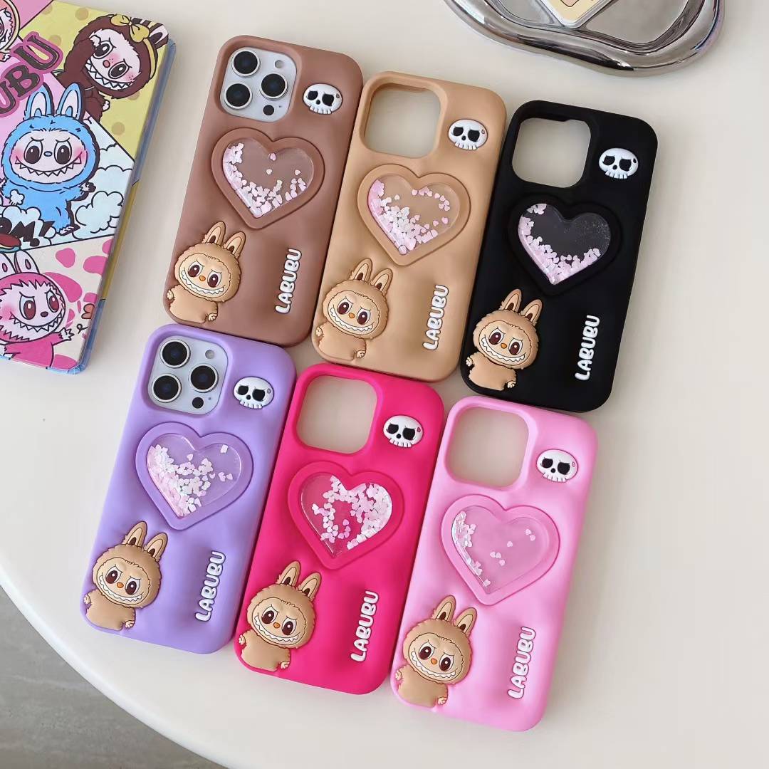 Wholesale Phone Cases Customizable Factory Direct Liquid Glitter Heart Silicone Case with Cute Elf Design for iPhone 15 14 13 12 Pro Max