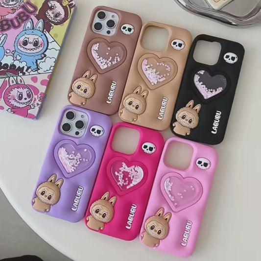 Wholesale Phone Cases Customizable Factory Direct Liquid Glitter Heart Silicone Case with Cute Elf Design for iPhone 15 14 13 12 Pro Max